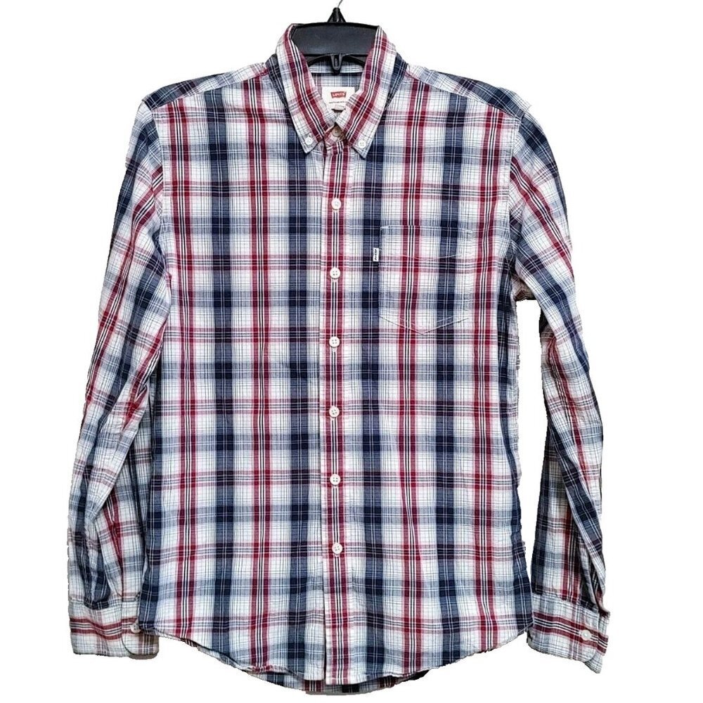 Levis Men's Shirt Size Small Button Down Red Blue Plaid  Long Sleeve Cotton